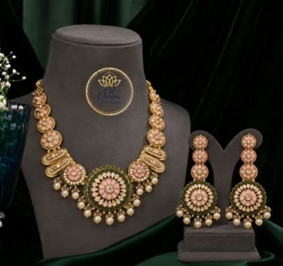 Divine Jewellery Traditional Pink & Green Stone Necklace Set for Women, Gold Plated Pearl Choker Necklace with Matching Earrings, Wedding Bridal Party