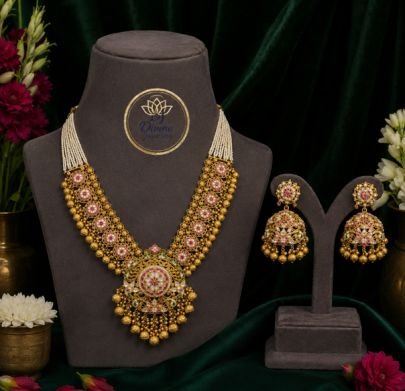 Divine Jewellery Traditional Rajwadi Gold Plated Silver Necklace Set with Statement Pendant | Antique Bridal Kundan Necklace with Matching Earrings