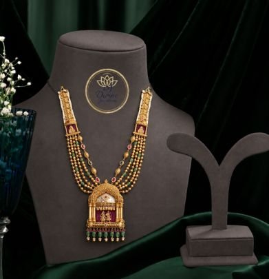 Divine Jewellery Traditional Temple Design Multi Layer Beaded Pendant Necklace for Women | 92.5 Silver Gold Plated Heritage Haram Set