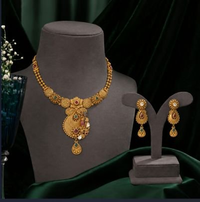 Divine Jewellery Traditional Temple Design Gold Plated Necklace Set for Women | Antique Ethnic Choker Jewellery Set with Matching Earrings | Premium S