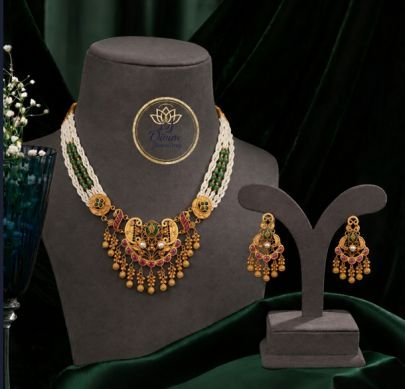 Divine Jewellery Traditional Temple Style Pearl Beaded Necklace Set with Earrings for Women | Gold Plated Silver Base Ethnic Jewellery