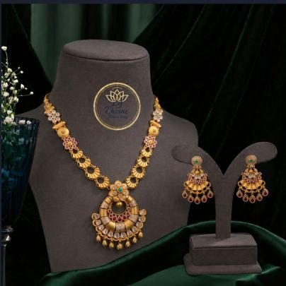 Divine Jewellery Traditional Temple Design Necklace Set with Earrings for Women | 92.5 Silver Gold Plated Bridal Jewellery
