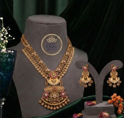 Divine Jewellery Traditional Temple Design Long Necklace Set with Earrings for Women | Gold Plated Silver Jewellery