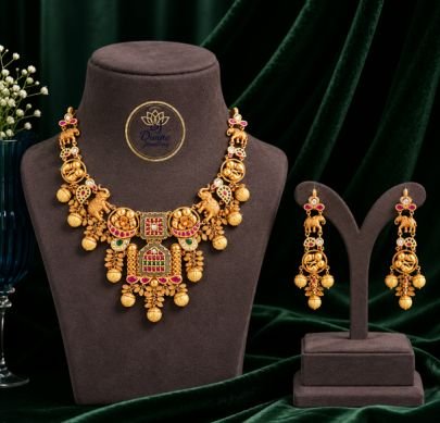 Divine Jewellery Traditional Temple Design Gold Plated Silver Necklace Set with Earrings for Women