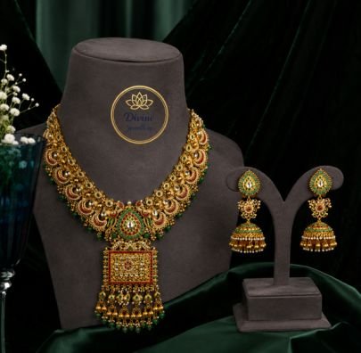 Divine Jewellery Traditional Temple Pendant Gold Plated Silver Necklace Set with Jhumka Earrings