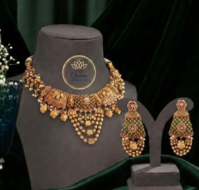 Divine Jewellery Traditional Temple Lakshmi Gold-Plated 92.5 Silver Bridal Necklace Set with Earrings