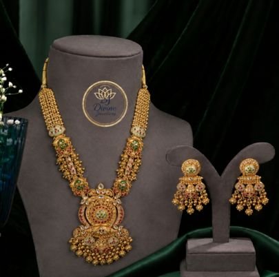 Divine Jewellery Traditional Temple Design Long Necklace Set with Matching Earrings | Gold Plated Silver Necklace | Bridal Ethnic Jewellery Set
