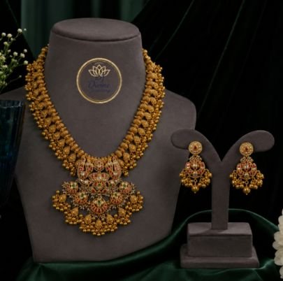 Divine Jewellery Traditional Temple Necklace Set with Statement Pendant & Earrings | Gold Plated 92.5 Silver Bridal Jewellery