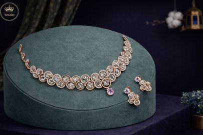 Divine Jewellery Vintage Halo Crystal Necklace Set with Pink Drop Accent