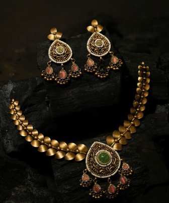 Divine Jewellery Vintage Temple Style Necklace Set with Green Center Stone and Coral Drop Charms