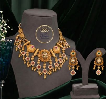 Divine JewelleryDivine Jewellery Antique Gold-Plated Meenakari Necklace Set with Kemp Stones and Pearl Drop Accents
