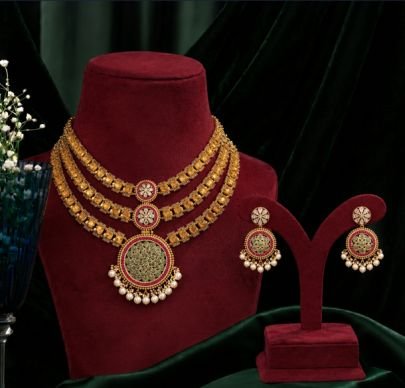 Divine JewelleryElegant Triple Layer Kundan Necklace Set with Pearl Drop Earrings