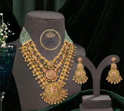 Divine JewelleryGrand Bridal Temple Necklace Set for Women | 92.5 Silver Gold Plated Pink Green Traditional Jewellery Set