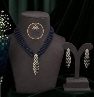 Divine JewelleryMidnight Blue Multi Strand Necklace Set with Diamond Finish Earrings | Silver Gold Plated Jewellery