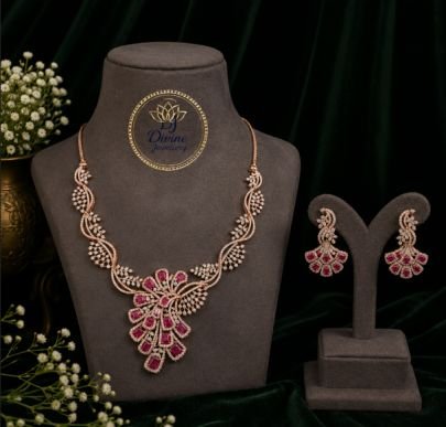 Divine JewelleryRose Gold Floral American Diamond Necklace Set with Earrings | Silver Gold Plated Jewellery