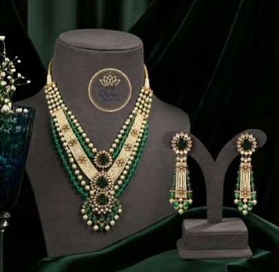 Divine JewelleryRoyal Green Pearl Layered Necklace Set for Women | Designer Kundan Bridal Jewellery with Long Earrings | Gold Plated Silver Base
