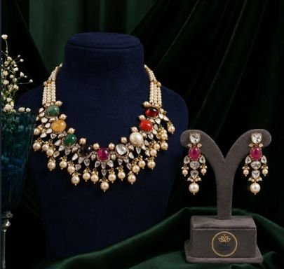 Divine JewelleryRoyal Kundan Pearl Choker Necklace Set for Women | Multicolor Stone Traditional Bridal Jewellery Set with Earrings | Gold Plated Silve