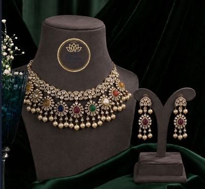 Divine JewelleryRoyal Navratna Pearl Polki Choker Necklace Set with Earrings for Women