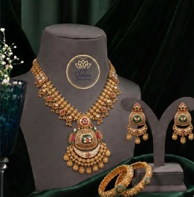 Divine JewelleryTraditional Green Pink Kundan Necklace Set with Earrings & Bangles for Women | Gold Plated Silver Bridal Jewellery Set