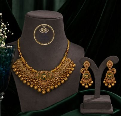 Divine JewelleryTraditional Temple Design Antique Gold Plated Necklace Set with Earrings