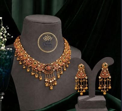 Divine JewelleryTraditional Temple Design Bridal Necklace Set with Long Jhumka Earrings – Gold Plated Silver Jewellery