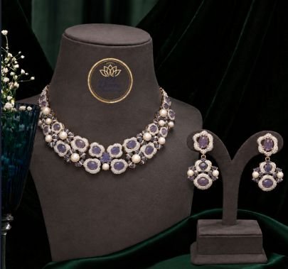 Divine Lavender Stone Pearl Necklace Set with Earrings | Gold Plated Silver Jewellery