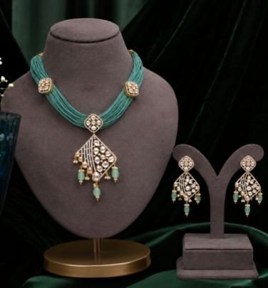 Divine Mint Green Multi Strand Necklace Set for Women with Kundan Pendant & Matching Earrings | Traditional Bridal, Wedding, Party & Festive Jewelry