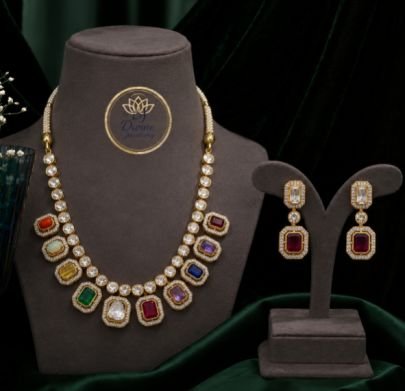Divine Multicolor American Diamond Necklace Set with Statement Earrings | Gold Plated Designer Jewellery
