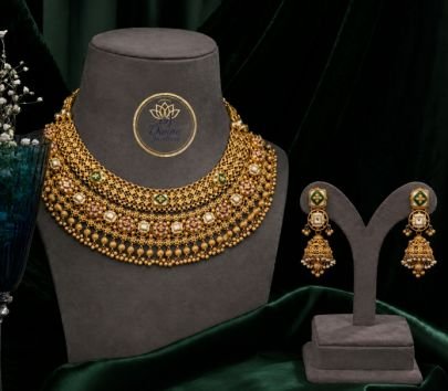 Divine Premium Bridal Kundan Gold-Plated Silver Choker Necklace Set with Green & Ruby Stones | Wedding Jewellery Set