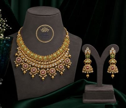 Divine Premium Bridal Kundan Gold-Plated Silver Choker Necklace Set with Green, Ruby & Pearl Detailing