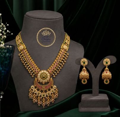 Divine Royal Antique Gold-Plated 92.5 Silver Ruby Emerald Bridal Necklace Set with Jhumka Earrings