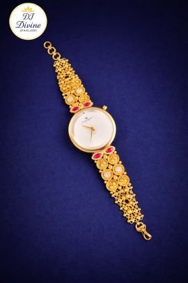 Divine Royal Coin-Pattern Silver Gold-Plated Women’s Jewellery Watch with Ruby Stone Accents & Traditional Bracelet Design