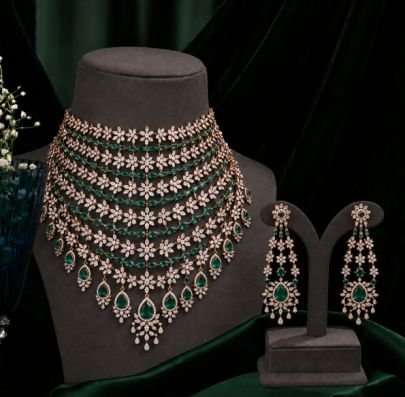 Divine Royal Emerald Layered Choker Necklace Set with Earrings