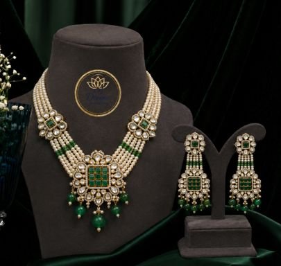 Divine Royal Pearl Kundan Necklace Set with Emerald Green Earrings