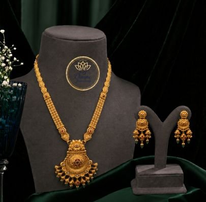 Divine Royal Temple Pendant Long Necklace Set in 92.5 Silver Gold Plated