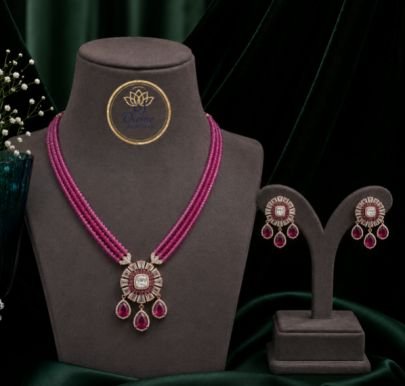 Divine Ruby Pink Beaded Necklace Set for Women with American Diamond Pendant & Matching Earrings | Bridal, Wedding, Party & Festive Designer Jewelry