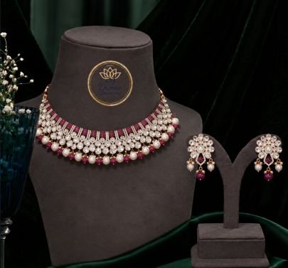 Divine Ruby Pink Polki Choker Necklace Set with Pearl Drops | Gold Plated Silver Jewellery