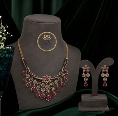 Divine Ruby Red Antique Necklace Set for Women | 92.5 Silver Gold Plated Traditional Jewellery with Earrings