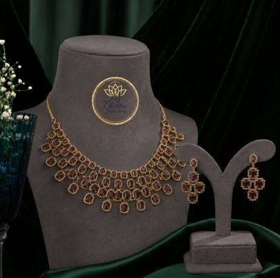 Divine Ruby Red Stone Victorian Necklace Set for Women | 92.5 Silver Gold Plated Bridal Jewellery with Earrings