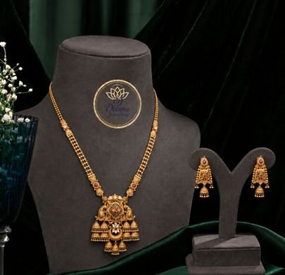 Divine Temple Jhumka Pendant Long Necklace Set in 92.5 Silver Gold Plated