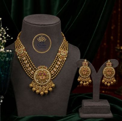 Divine Traditional Antique Gold Plated Multi Layer Necklace Set with Circular Pendant Earrings