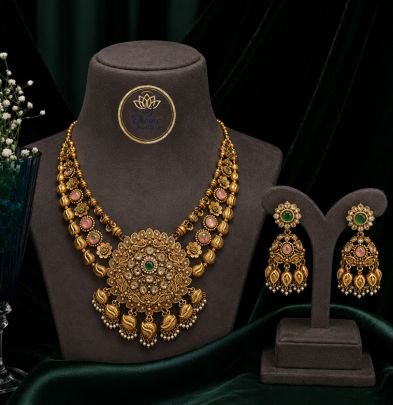 Divine Traditional Antique Gold-Plated 92.5 Silver Bridal Necklace Set with Earrings | Pink & Green Stone Designer Temple Jewellery