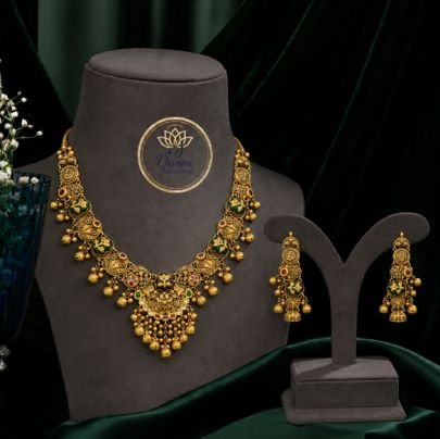 Divine Traditional Antique Gold Plated Silver Temple Necklace Set with Green Meenakari Earrings