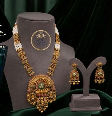 Divine Traditional Antique Gold Plated 92.5 Silver Temple Pearl Mala Necklace Set with Matching Earrings