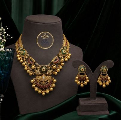 Divine Traditional Antique Necklace Set with Earrings | Gold Plated Silver Ethnic Jewellery for Women