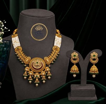 Divine Traditional Antique Temple Necklace Set with Jhumka Earrings – 92.5 Silver Gold Plated Bridal Jewellery