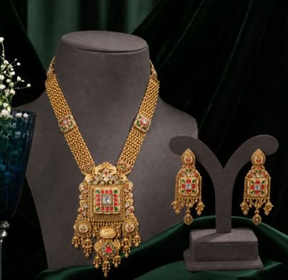 Divine Traditional Gold-Plated Silver Temple Necklace Set with Multicolor Stone Pendant