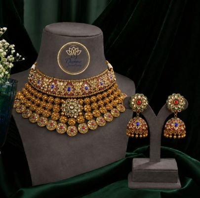 Divine Traditional Gold-Plated Silver Bridal Choker Necklace Set with Designer Jhumka Earrings | Premium Ethnic Wedding Jewellery