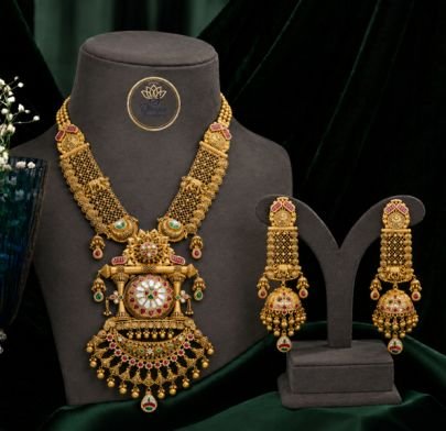 Divine Traditional Gold Plated Silver Bridal Temple Necklace Set with Long Jhumka Earrings
