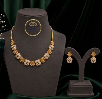 Divine Traditional Gold Plated Floral Necklace Set for Women with American Diamond Accents | Ethnic Bridal, Wedding, Party & Festive Jewelry with Matc